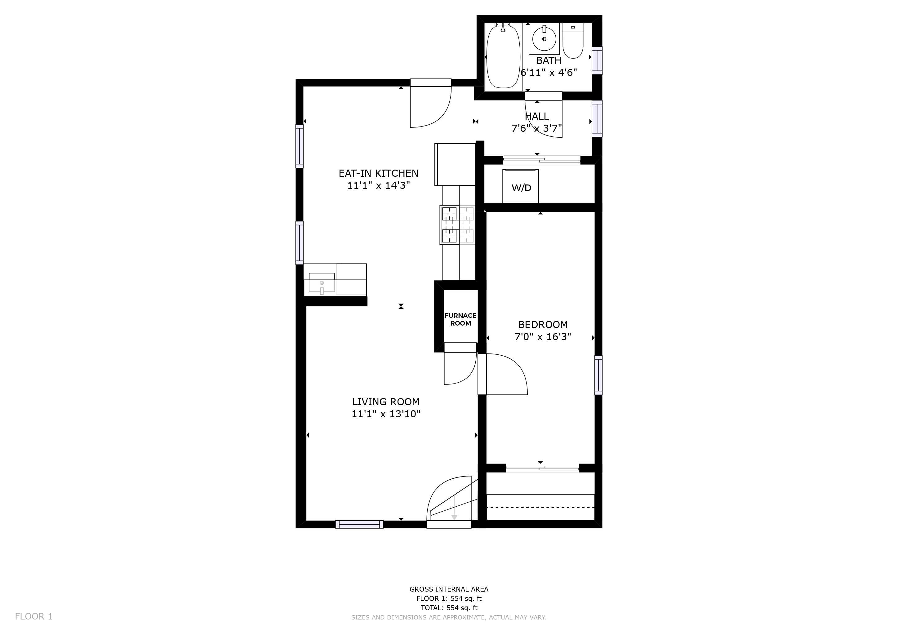 Floor plan for 1 bed, 1 bath, 685 sqft